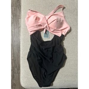 Eomenie One Piece Swimsuit Women Large Pink Black NEW Twist Front Tummy Control